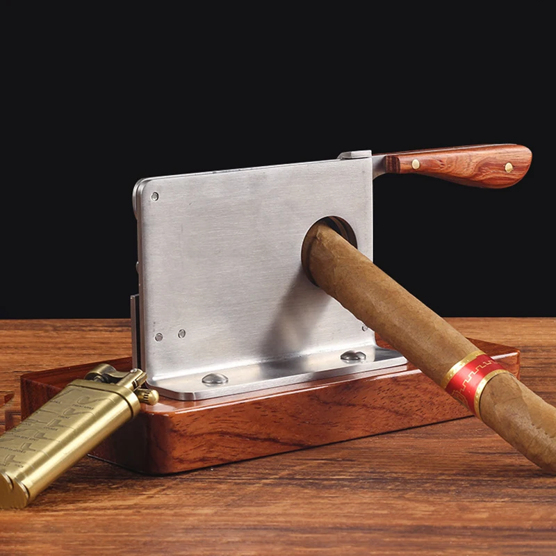 

Stainless Steel Cigar Cutter Sharp Blade Solid Wood Desktop Cigar Cutter with Cigar Caps Trays Luxury Puro Scissors Living Room