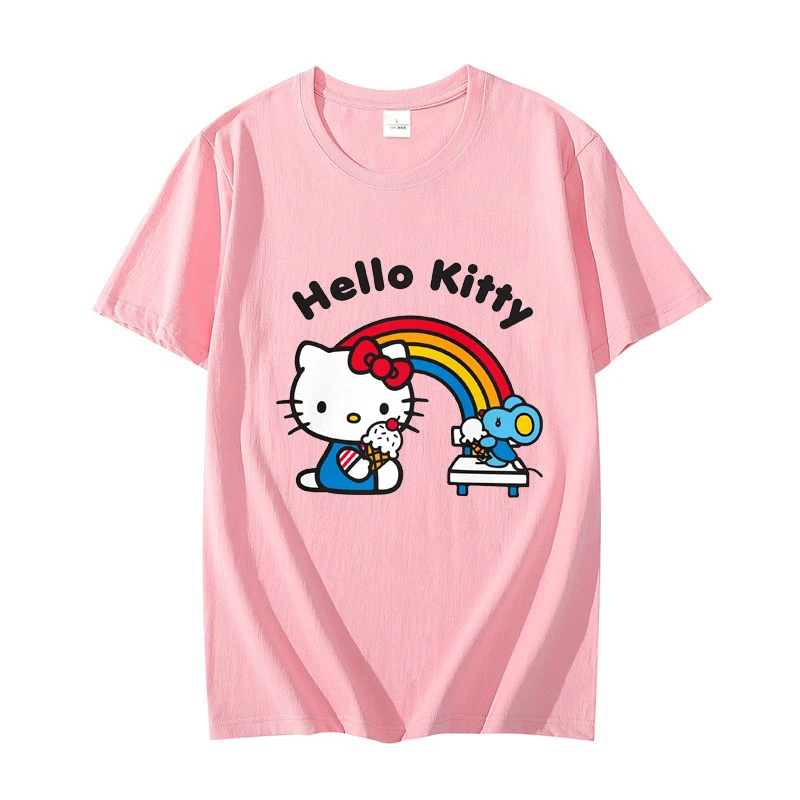 Hello Kitty Ice Cream Party Men T-shirt Summer Short Sleeve Women Tee Shirts 100% Cotton 2025 New Fashion Couple Clothes Tops