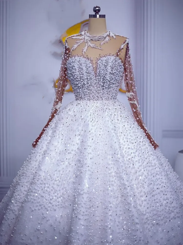 

Customized High Collar Sparkly Handwork Pearls Beads Wedding Dress Long Sleeves Robe De Mariée Ballgown Puffy Bridal Gown