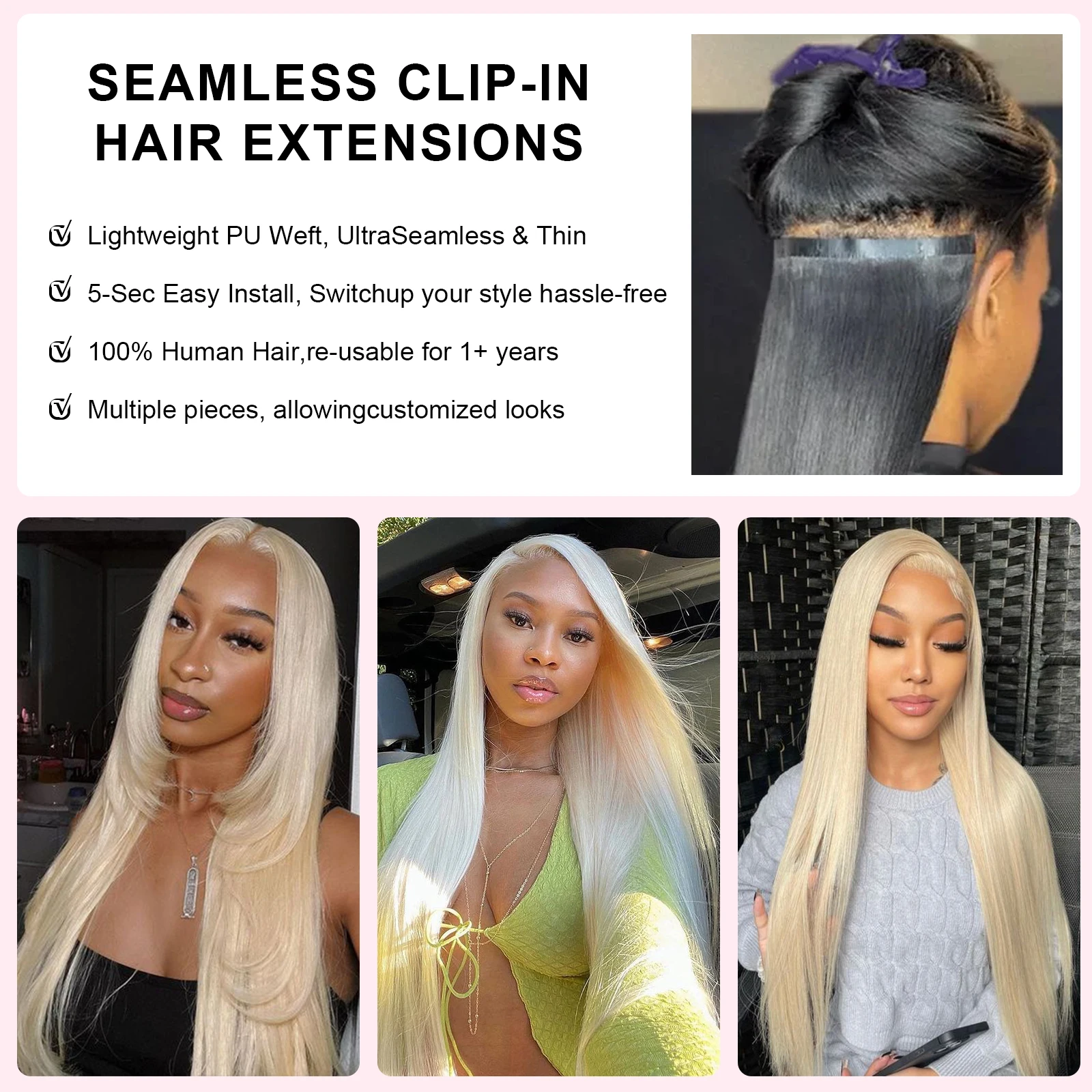 613 Blonde PU Clip Ins Hair Extensions Straight Real Human Hair Seamless120g Natural Black Human Clip In Extensions Invisible