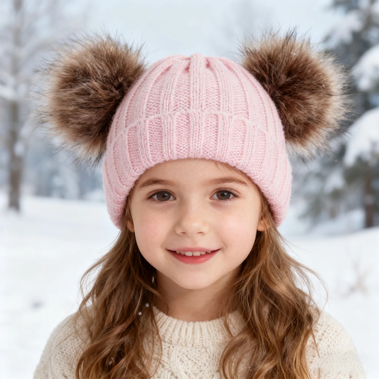 Baby Hat And Scarf Set With Faux Raccoon Fur Balls Winter Wa