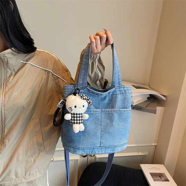 

2025 Denim Bucket Bag Women Casual Shoulder Crossbody Purse Ins Fashion Work Commute Handheld Tote Bag