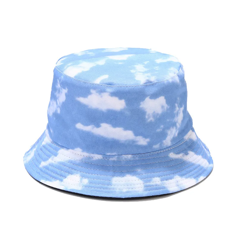 2024 Cotton Blue Sky And White Clouds Print Bucket Hat Fisherman Hat Outdoor Travel Sun Cap For Men And Women