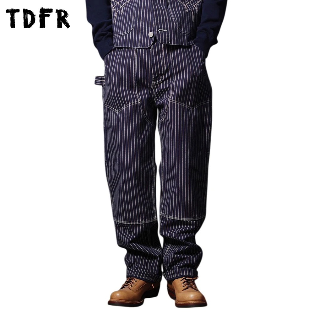 

Retro Carpenter Pant Mens Spliced Pocket Safari Style Straight Baggy Cargo Denim Pants Man Trousers