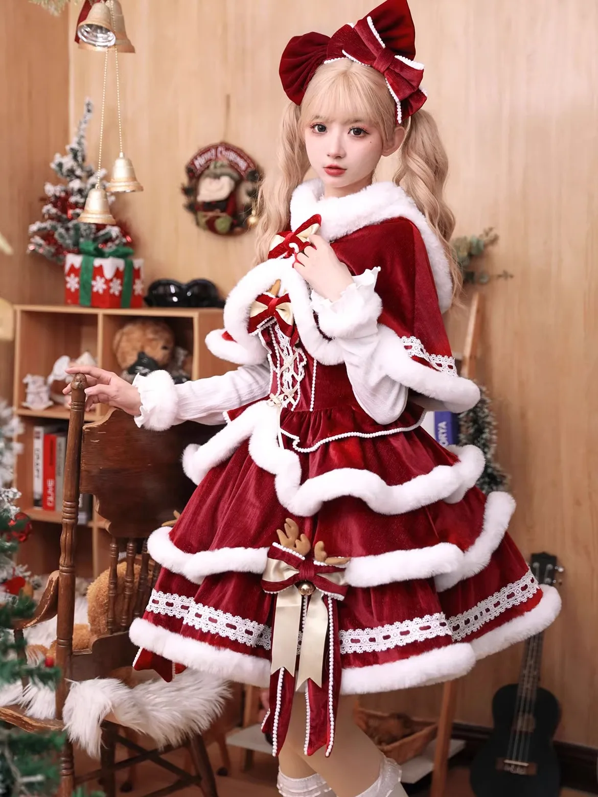 Original Christmas Lolita Dress Sweet Cute High Waist Slim Fit Bow Ribbon Suspender Dress for Women Red Cape Winter 2024 Y2k Top