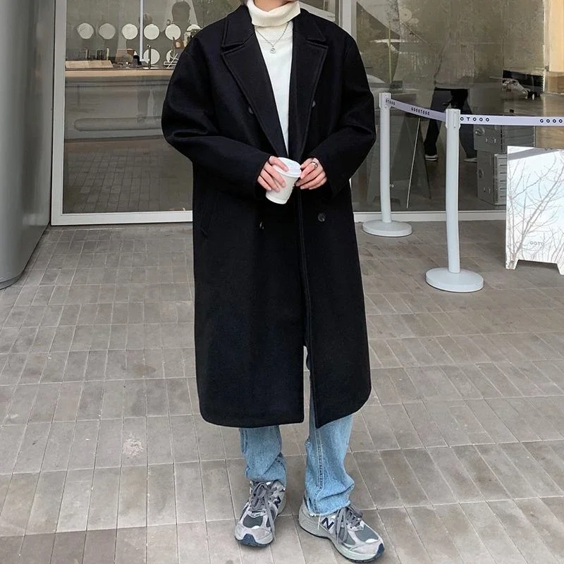 

Luxury Black Wool Coat for Men Korean Style Autumn Winter Outerwear Premium Longline Woolen Trench Coat​
