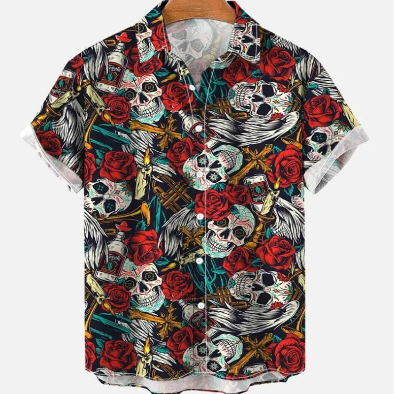 Summer Men\'s Fashion Casual Social Hawaiian Floral Skull Short Sleeve Shirt Luxury Elegant Dazn Vintage Vacation Resorts Clothin