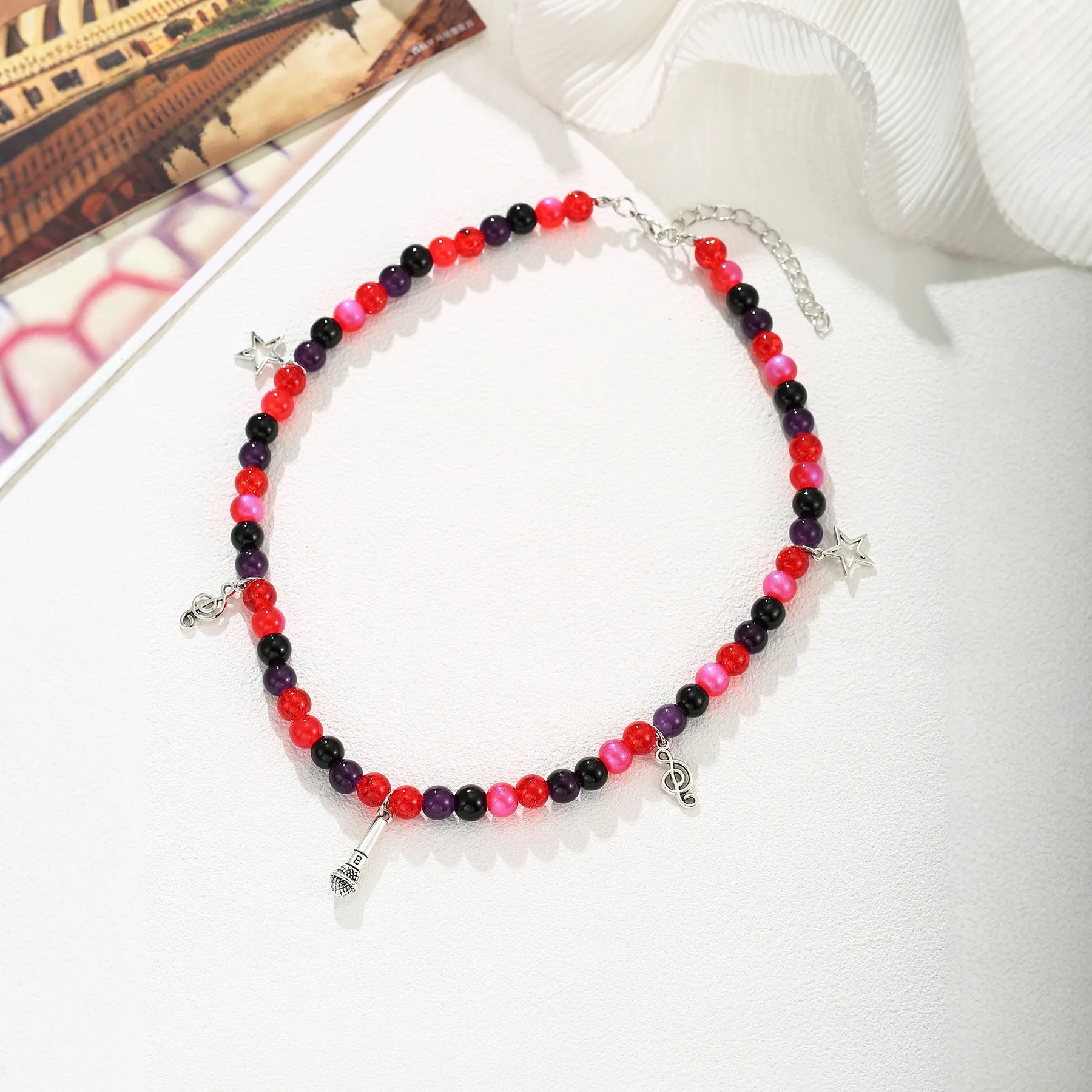 Punk Y2K Guitar/Microphone Beaded Necklace, Star Charm Colorful Stone Choker, Hip Hop Rock Music Jewelry for Women