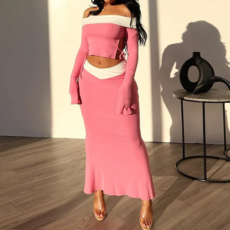 Two Piece Outfit Women's Sexy One Shoulder Long Sleeve Navel Exposed Top & Sweet Skirt Set Female Fashion High Waist Skirts Sets