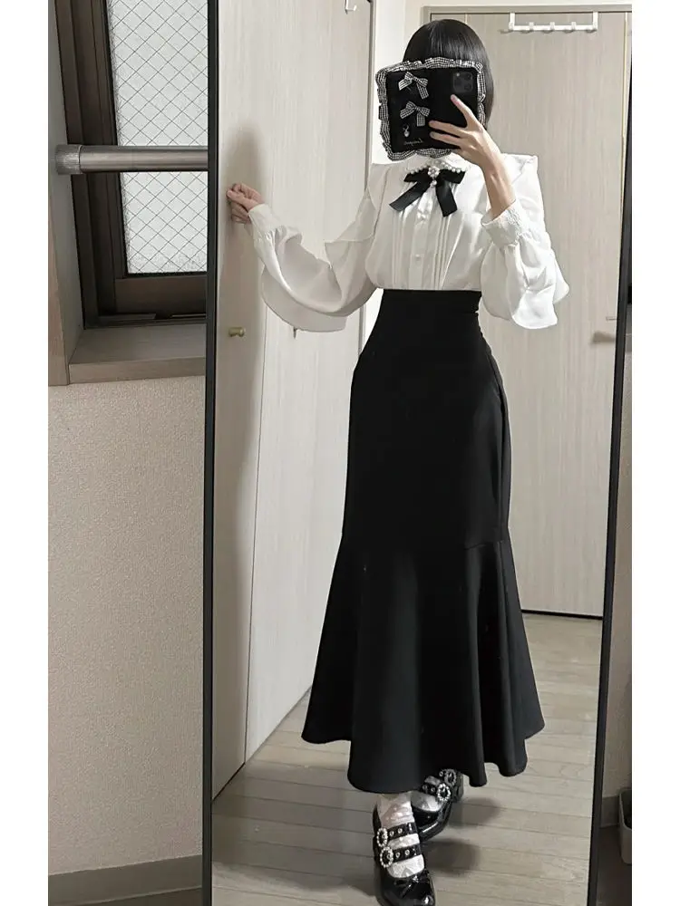 Japanese Gothic Y2k Lolita Style 2 Piece Set Women Harajuku Sweet Bow White Shirt Fishtail Skirt Office Lady Elegant Slim Outfit