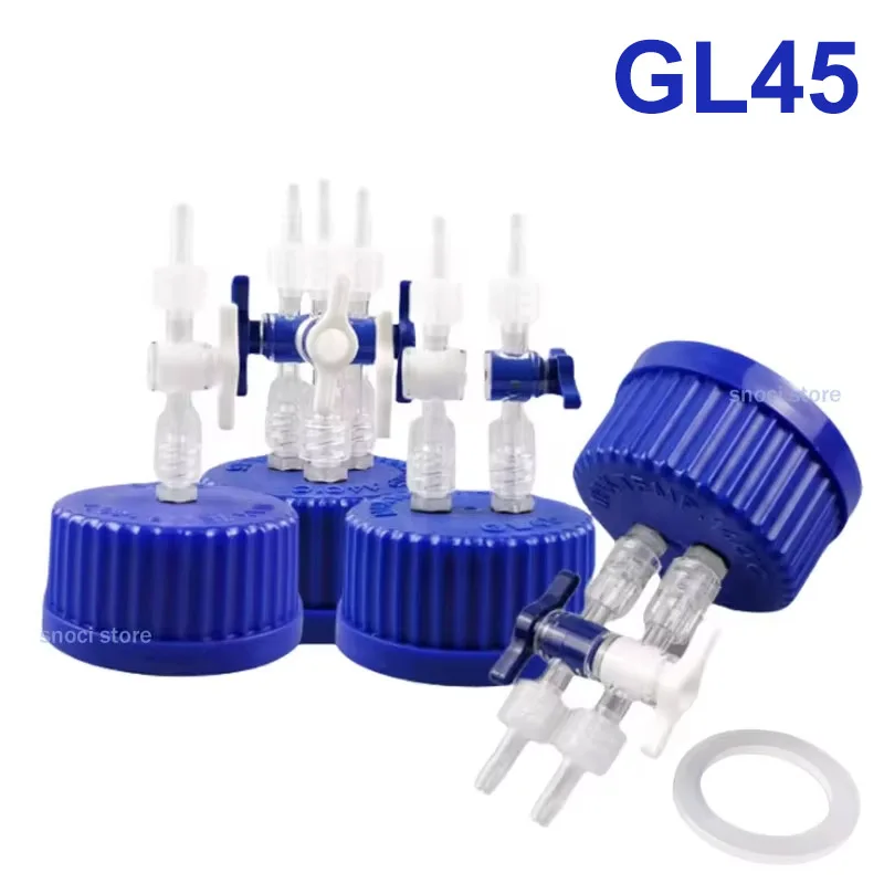 GL45 Safety Cap Feeding Buffer Cover Fermentation Reactor Tank Sampling Waste Liquid Bottle Cap with Switch Valve，Blue，1Piece