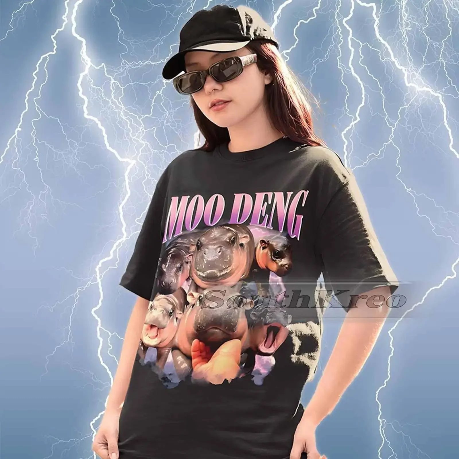 Moo Deng Bootleg Rap T Shirt Retro Baby Pygmy Hippo  vintage Washed Slightly streetwear Casual Soft Comfortable