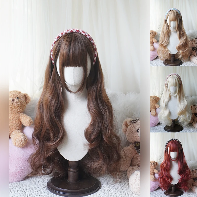 Perruque longue bouclée de style Lolita 32cinch |   Cheveux synthétiques résistants à la chaleur avec frange pour cosplay, Halloween, robe de soirée à thème anime