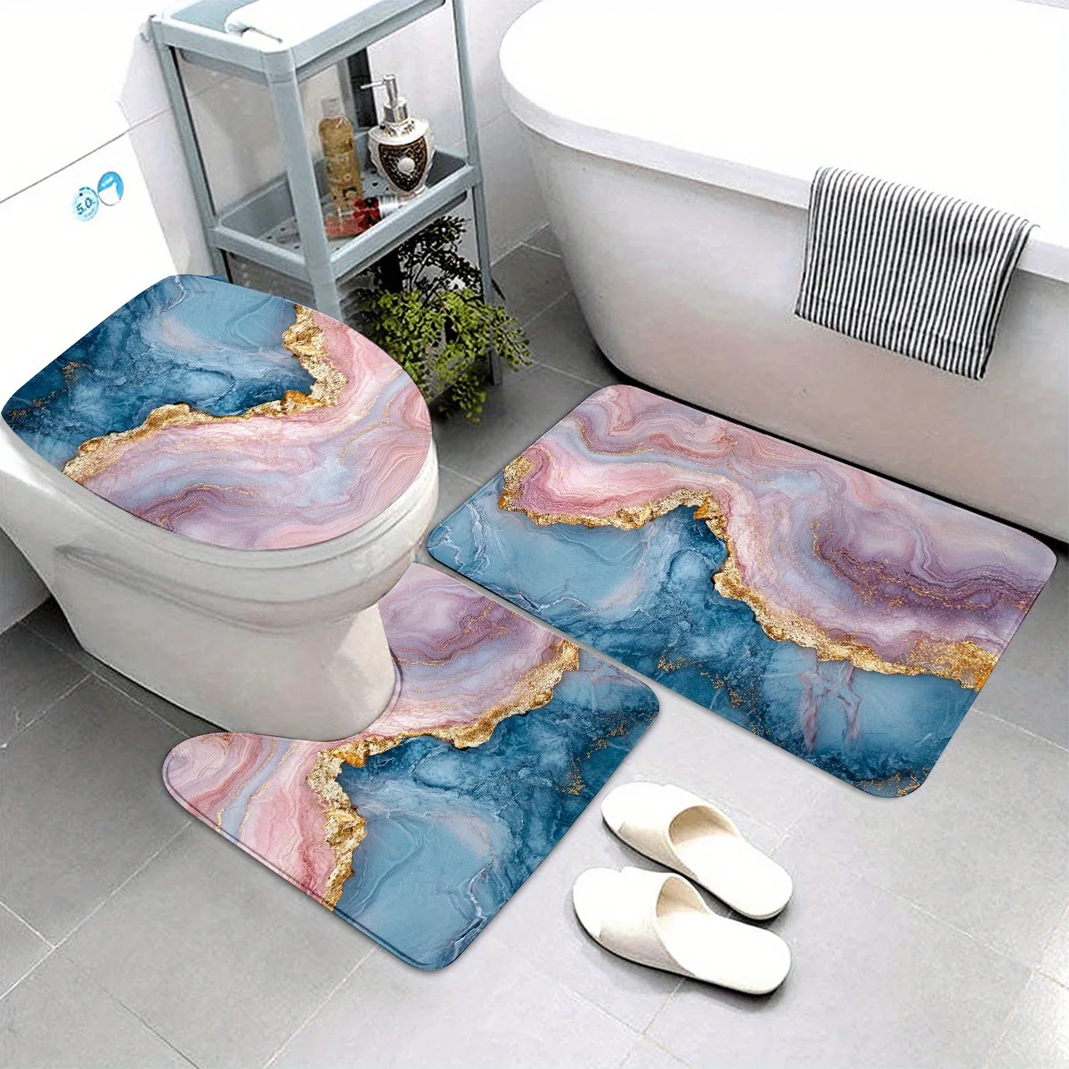 

Набор для ванной комнаты из 3 предметов с мраморной текстурой, полиэфирная ткань, можно стирать в машине, U-образный коврик, нескользящий коврик, сиденье для унитаза.