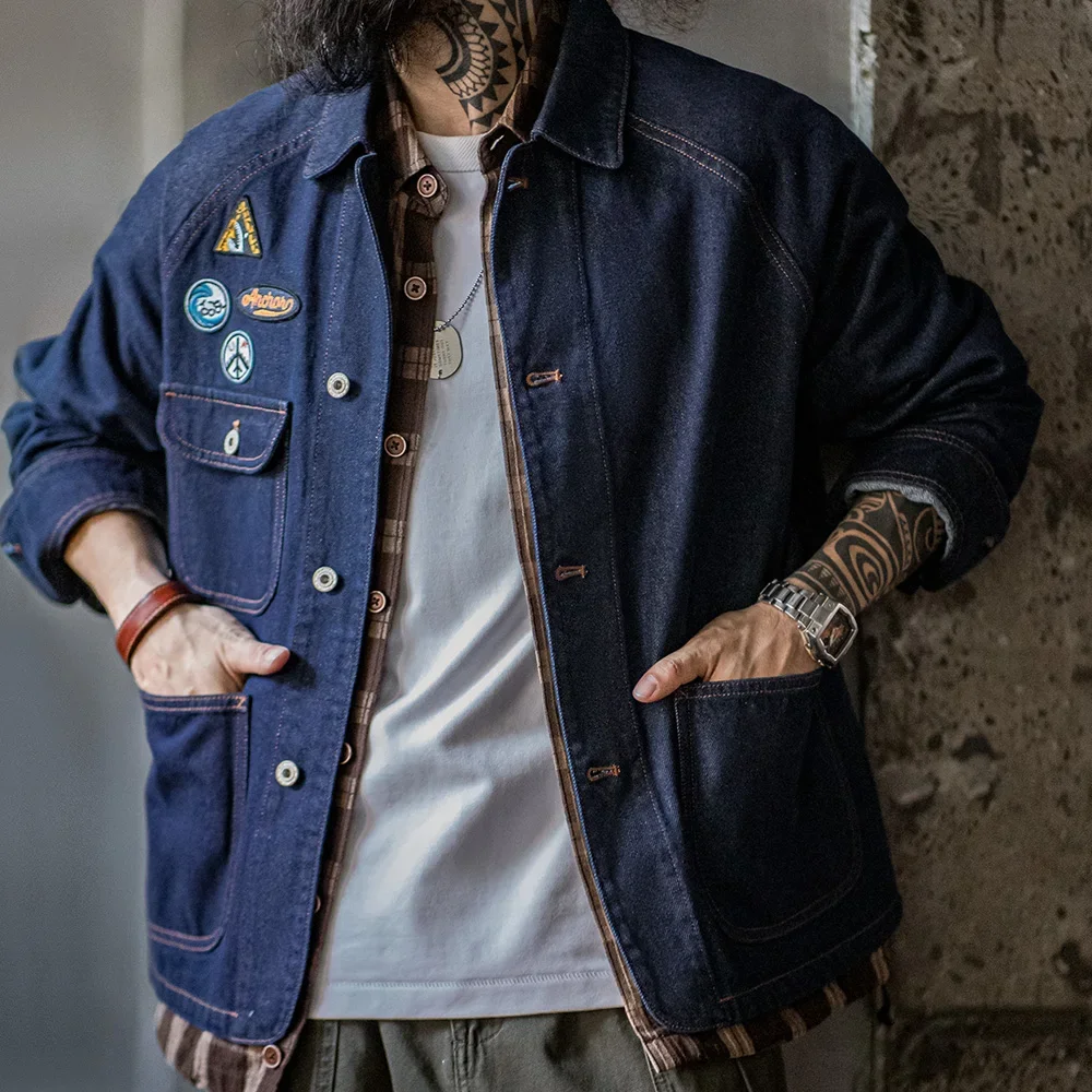 Maden Vintage 12.8oz Heavyweight Denim Jacket Embroidered Badge Washed Lapel Casual Outerwear for Men Spring and Fall Chore Coat