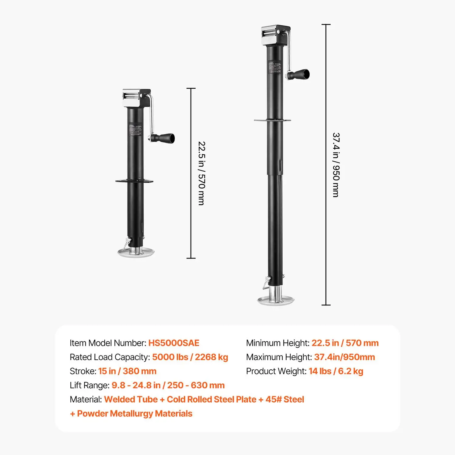 A-Frame Trailer Jack, 5000 lbs Dynamic Load Capacity, Trailer Jack Stand with Handle & Rectangular Footpad, 15-inch Vertical Travel, Suitable for rv , Horse, Utility Trailers, Yacht Trailers