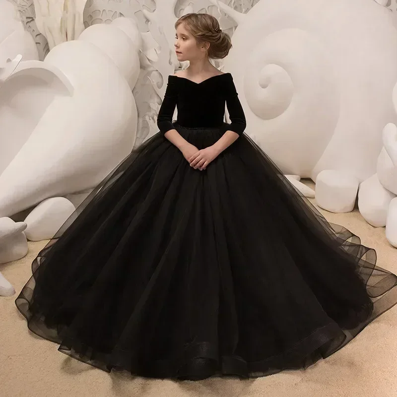 

Kids Ceremony Dress 2025 Kid Dresses Girls Elegant Long Prom Black Embroidery Children Grade Graduation Party Clothes Vestido
