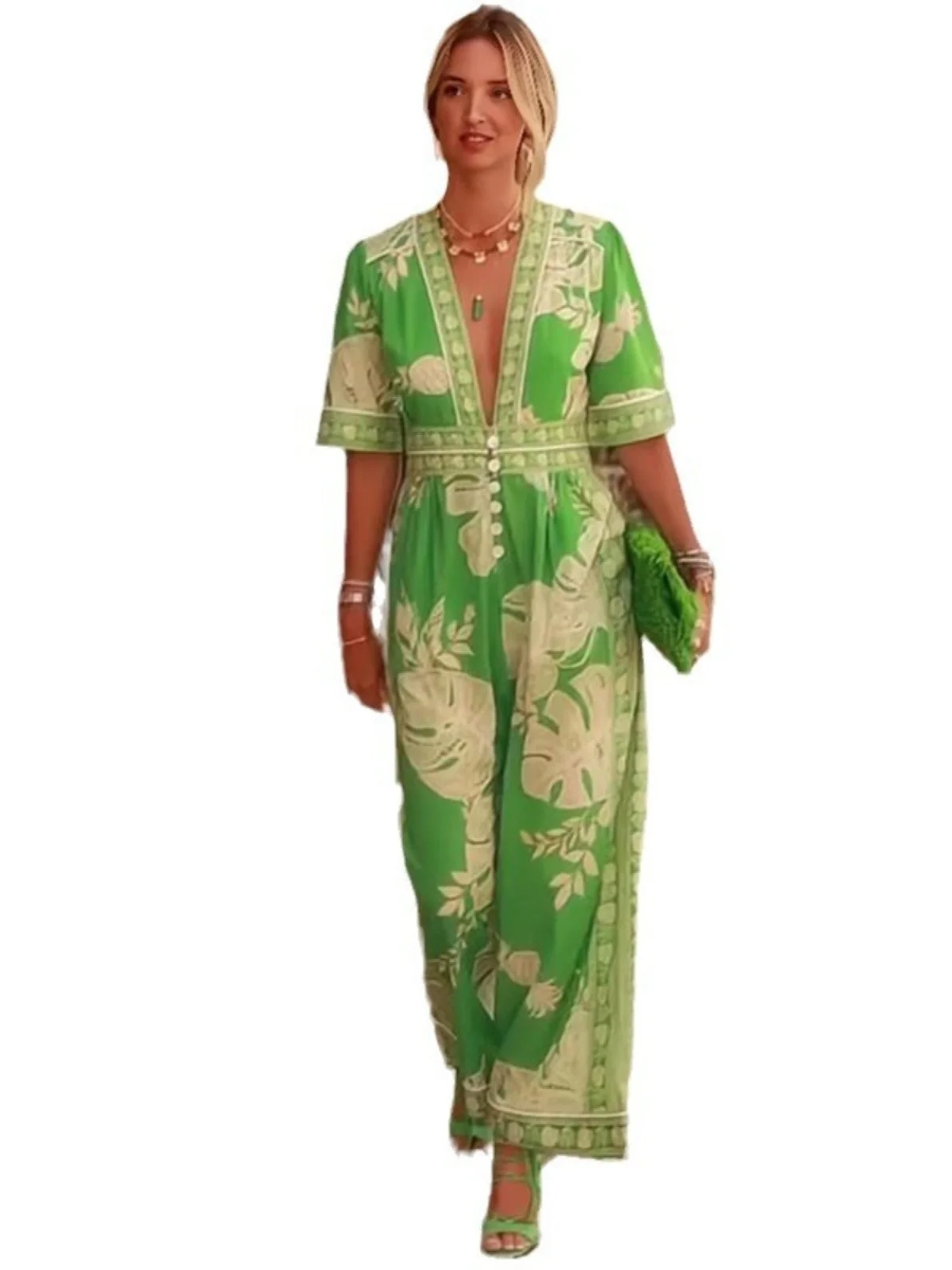 بدلة قفز صيفية واسعة الساق للنساء Svel V-Ne مطبوعة فضفاضة تناسب الشارع Sle سراويل طويلة نسيج البوليستر #5