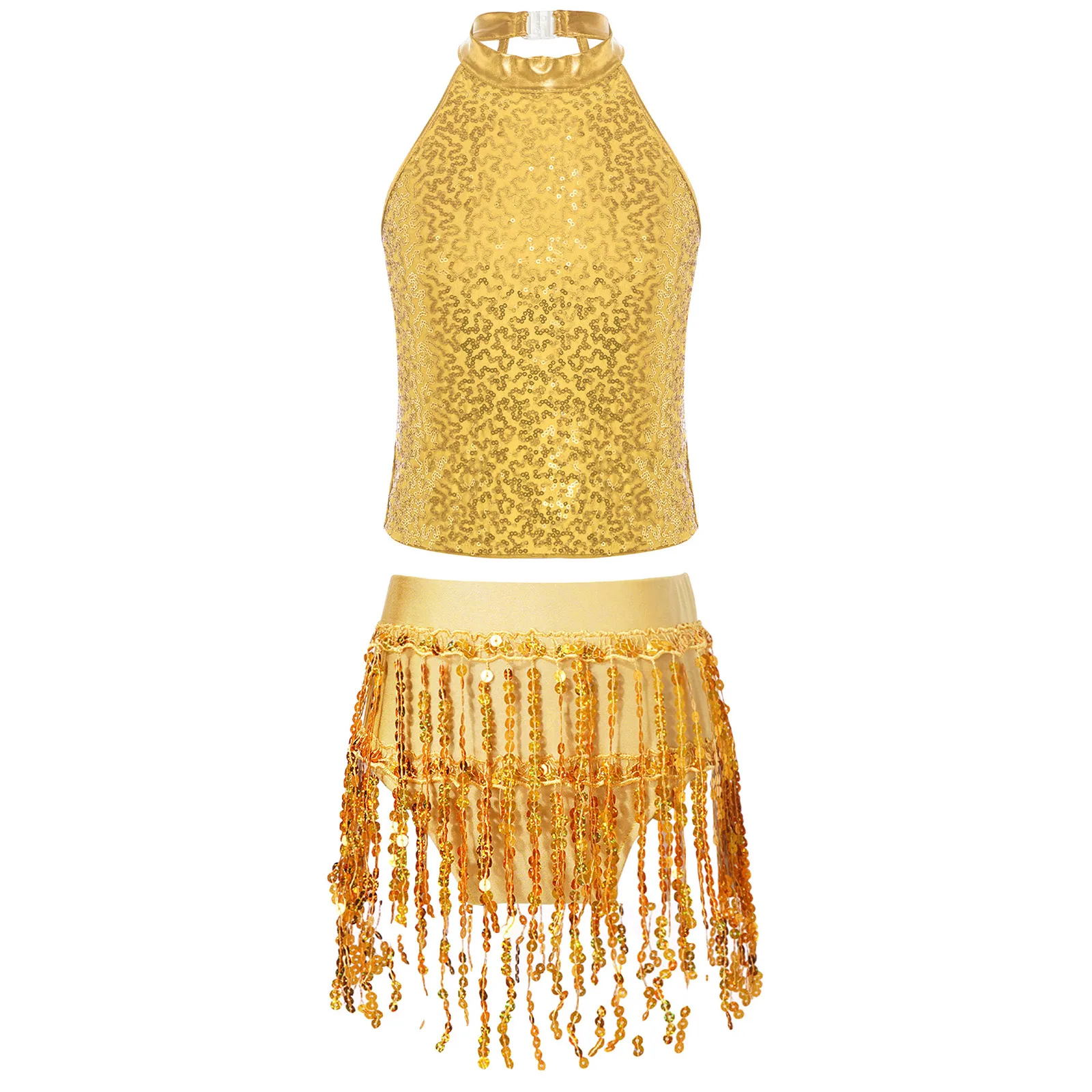 Menina trajes de dança jazz criança lantejoulas hip hop palco dança meninas moderno salão de baile cheerleading topo colheita com saia metálica 2 pçs