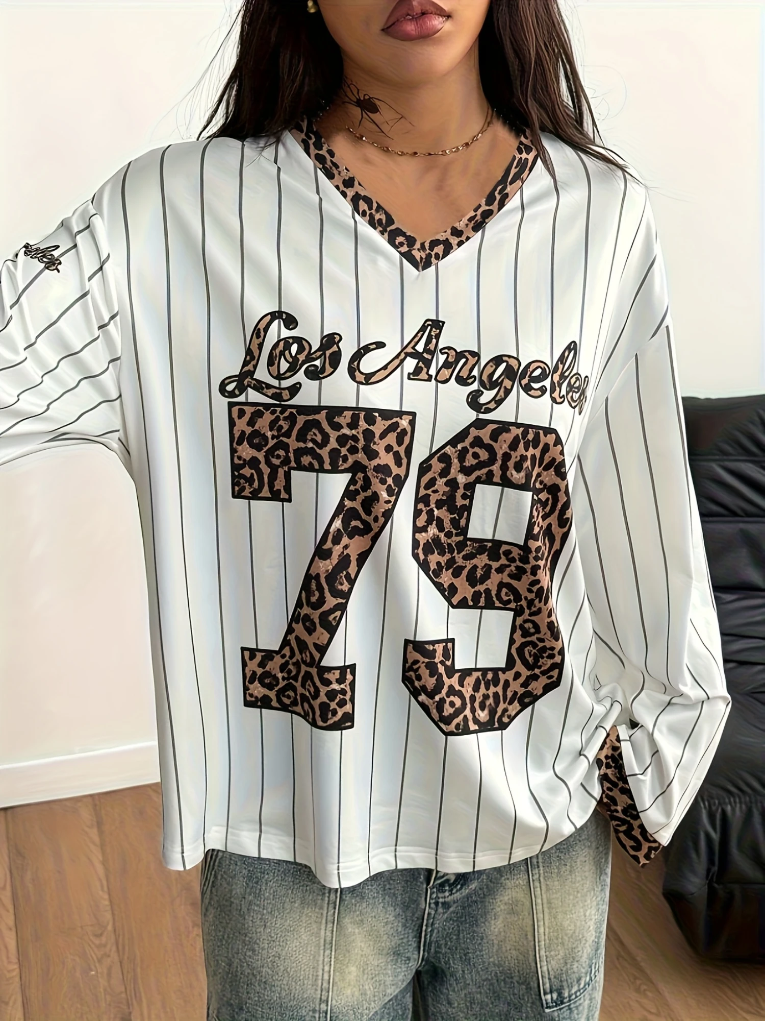 Women Green Yellow Striped Number 01 Graphic V Neck Long Sleeve T shirt Loose Athletic TopStreetwear Outfit Trendy Casual Wear
