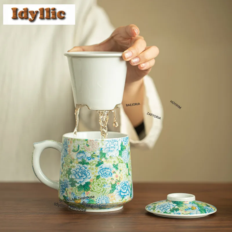 400ml Ten Thousand Flowers Peony Filter Tea Separator Cup Creative Tea Mug With Infuser Household Tea Maker Office Water Cup