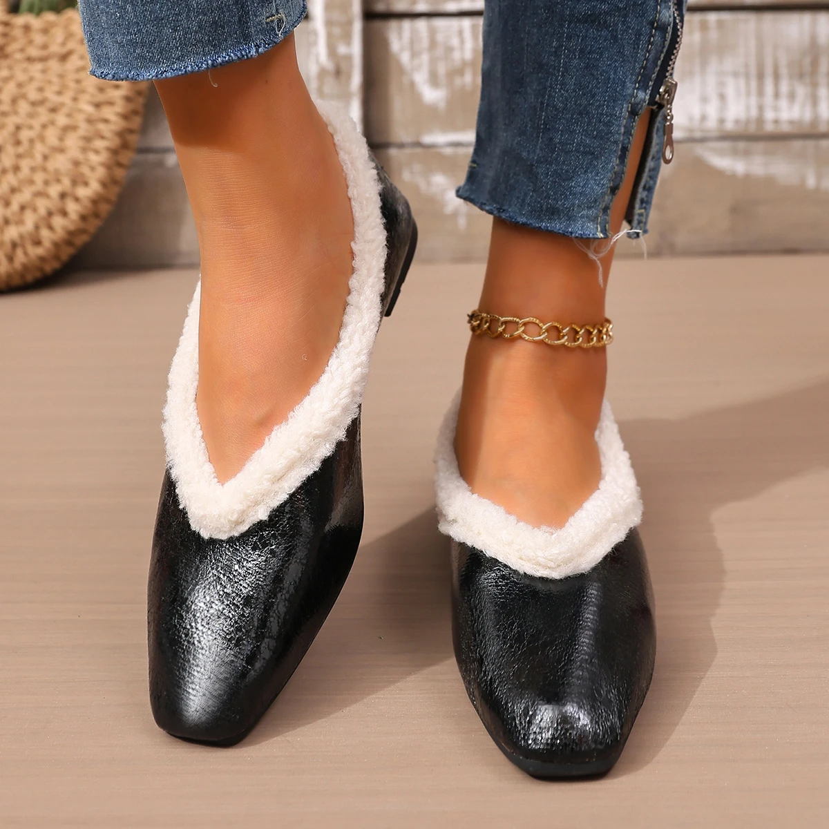 Elegant Women Winter Metallic Crack Square Toe Flats White Furry V-Cut Trim Slip On Comfort Warm Party Casual Flat Shoes