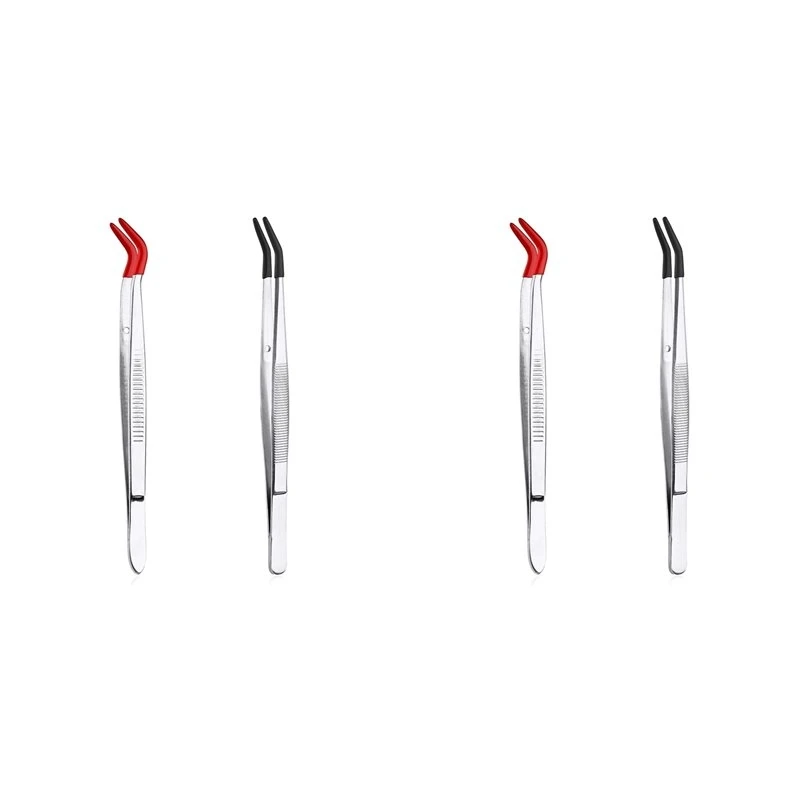 4Pcs Bent Tweezers With Rubber Tips, Curved Flat Tip Tweezer Stainless Steel Angled Grip Gem Stamp Sticker