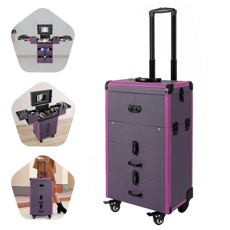 Rolling Makeup Case Lockable Portable Cosmetic Organizer Trolley Large Make up Cosmetic Organizer L14.6*D9.45*H26in (Purple)