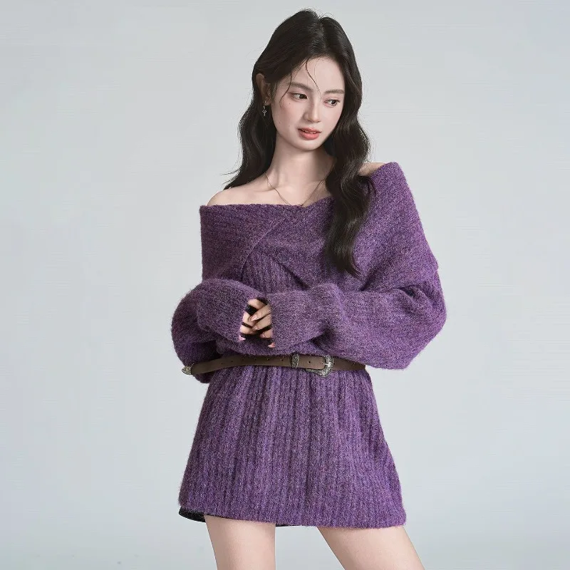 

Women's Graceful Slash Neck Mini Sweater Dress with Waistbelt Lady Autumn Winter Fashion Purple Knit Pullover Tops New Knitwear