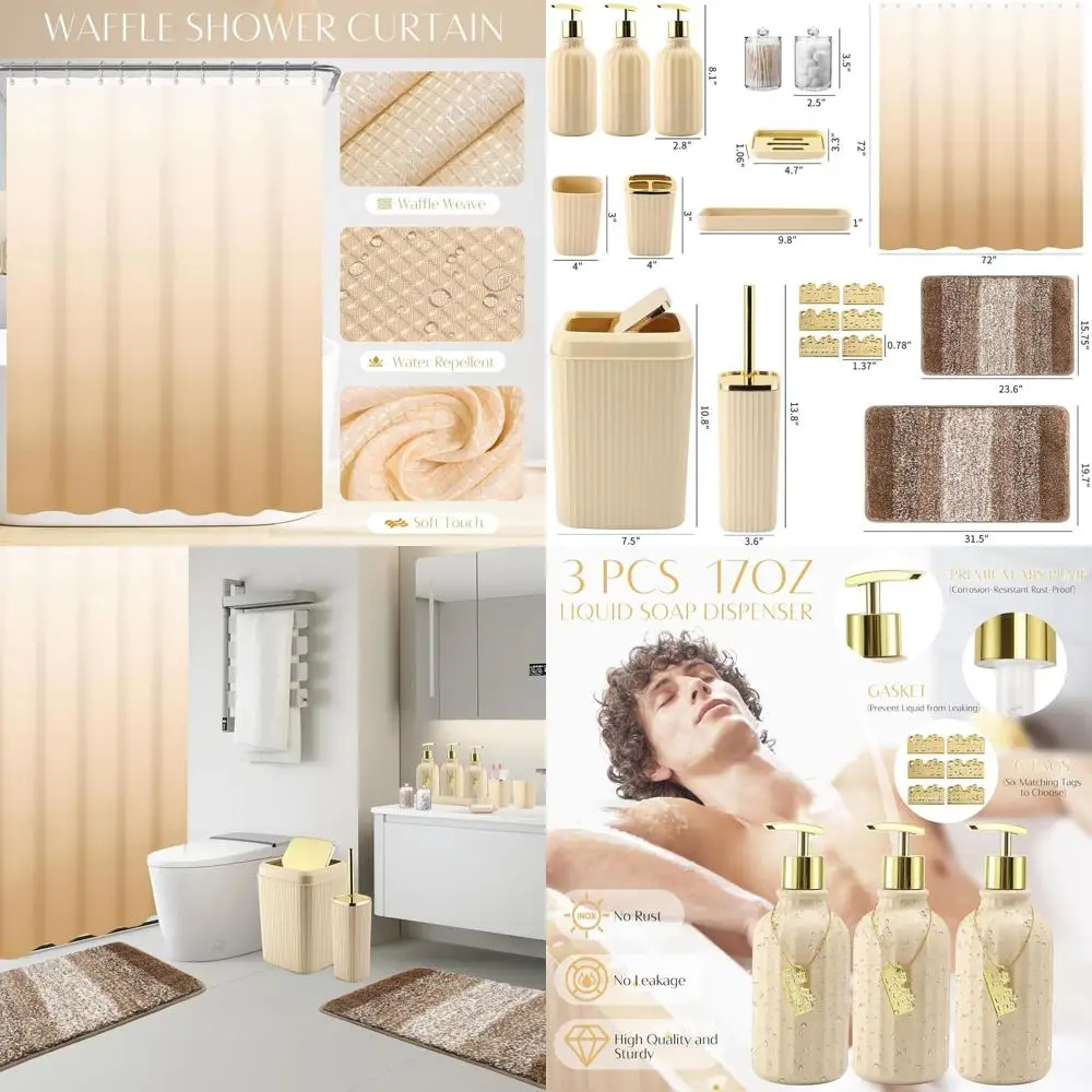 

Beige Bathroom Set with Shower Curtain, Rugs, and Trash Can | 32-Piece Accessory Bundle