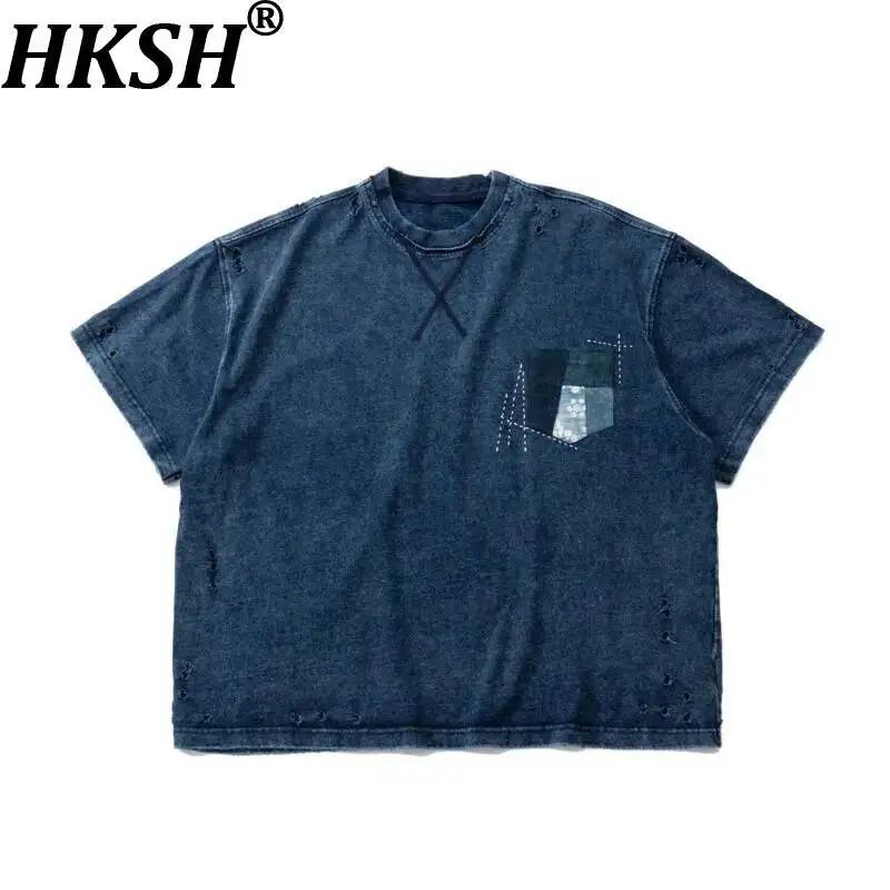 HKSH Summer New Men's Japanese Vintage Washed Vintage Ripped Pocket Patchwork Short-Sleeve T-shirt  Women Loose Fit Tees HK25958
