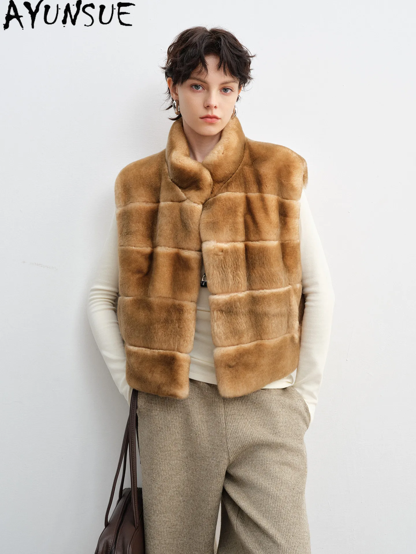 AYUNSUE Whole Rex Rabbit Fur Vest Women Fashion Velvet Real Fur Coat Sleeveless Female Clothes Warm Loose Fit Abrigos De Mujer