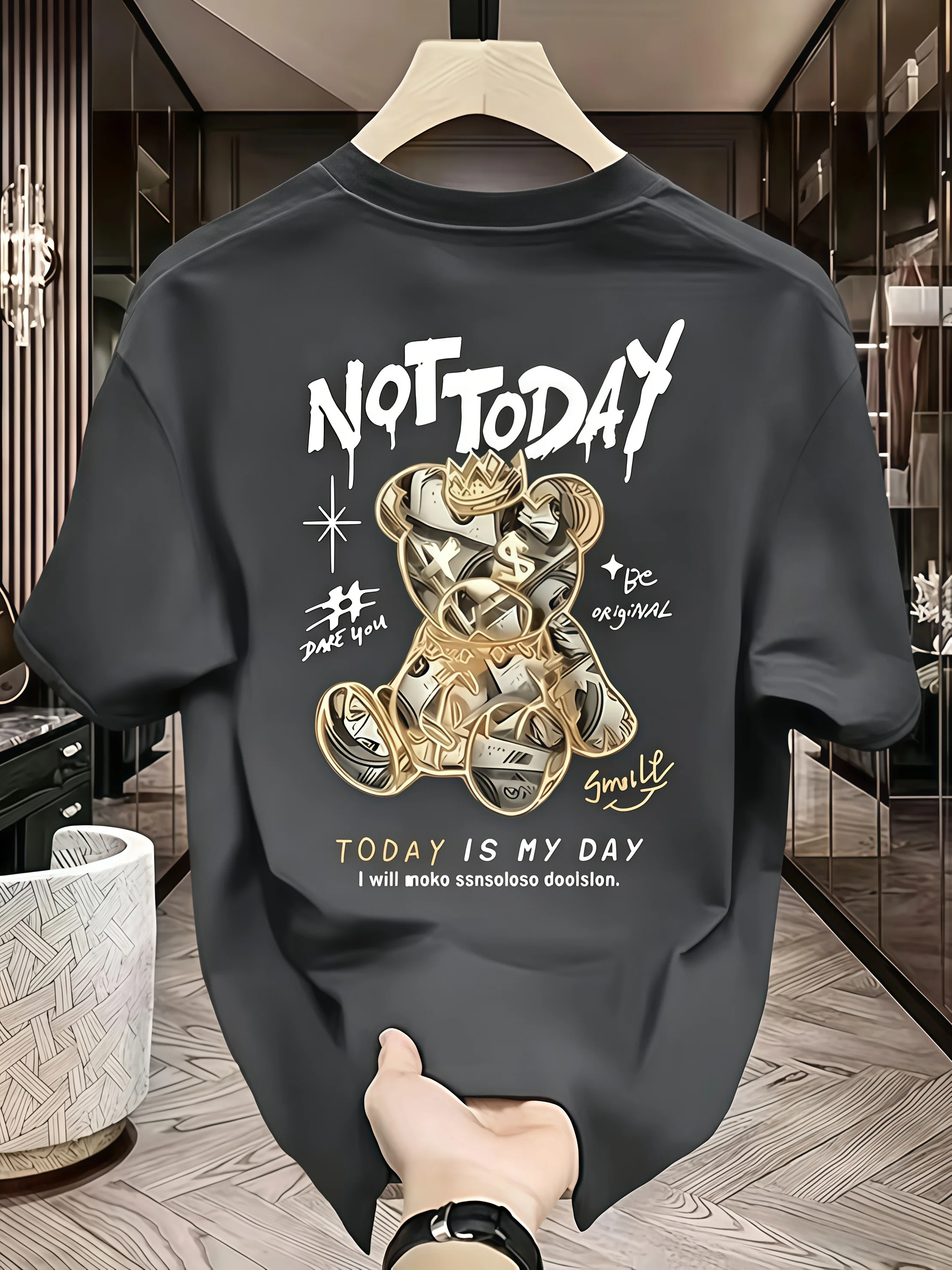 

Men's streetwear bear pattern T-shirt with a cartoon bear design. Pattern T-shirt for casual one- Hip-hop style. Men's summer