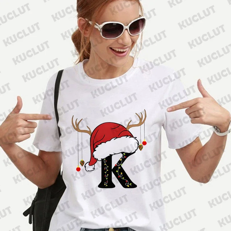 Family Matching Christmas T-Shirt Women Clothing Fashion 26 Alphabet Letters Printed Graphic Tops Streetwear Short Sleeve Tees