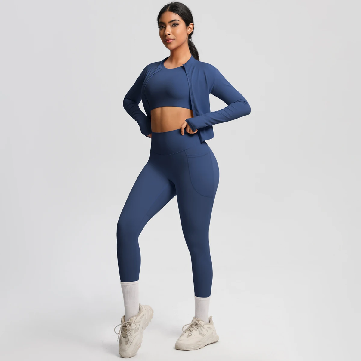 3PCS Sports Tight Yoga Set for Woman Summer Shockproof Crop Tops High Waisted Push Up Yoga Pants Zipper Jacket Yoga Clothing Set
