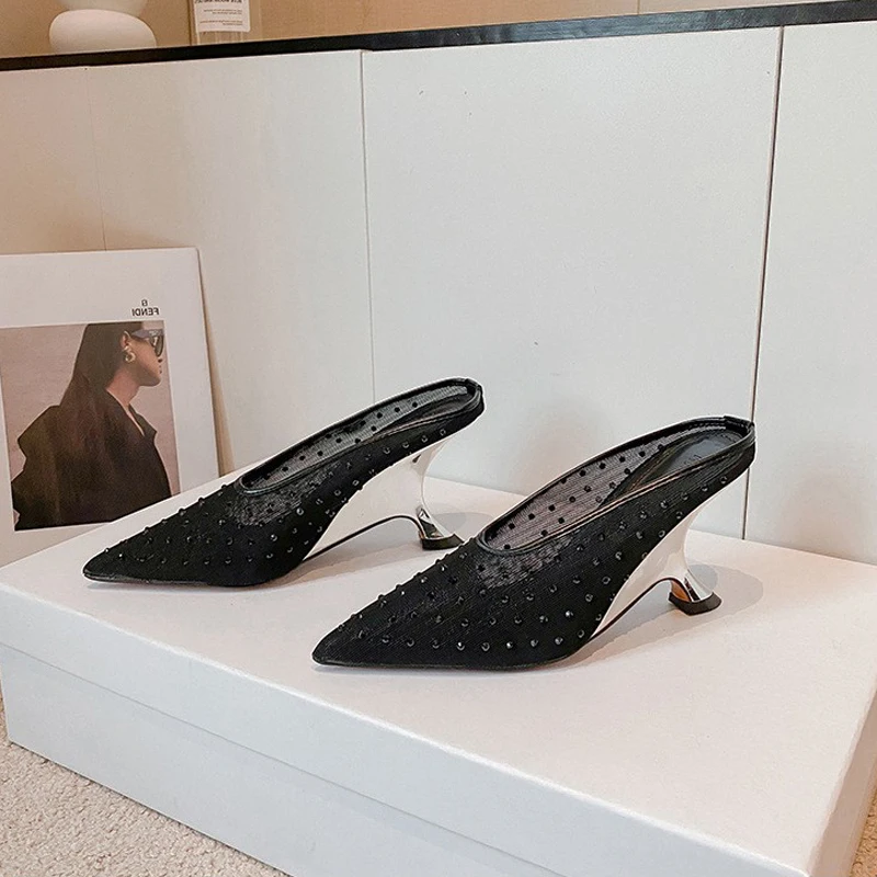 Woman shoes New Temperament Mesh Rhinestone Hollow Out Breathable European Fashion Irregular High Heel Casual Half Slippers