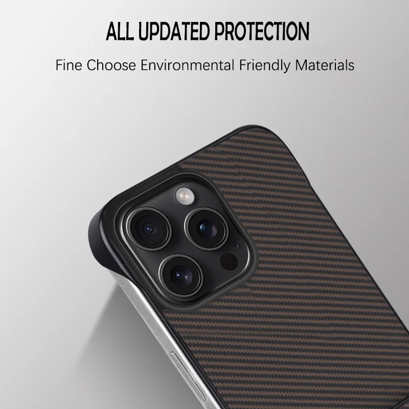 高級フレームレスカーボンファイバーテクスチャ iPhone 11 12 13 14 15 16 Pro Max Plus 16e用耐衝撃保護カバー