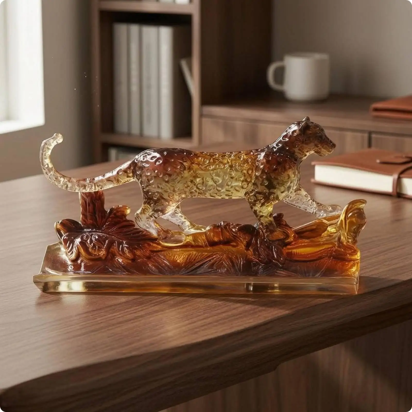 Leaping Big Cat Figurine Textured Resin Big Cat Figure Sculpted Base for Display
