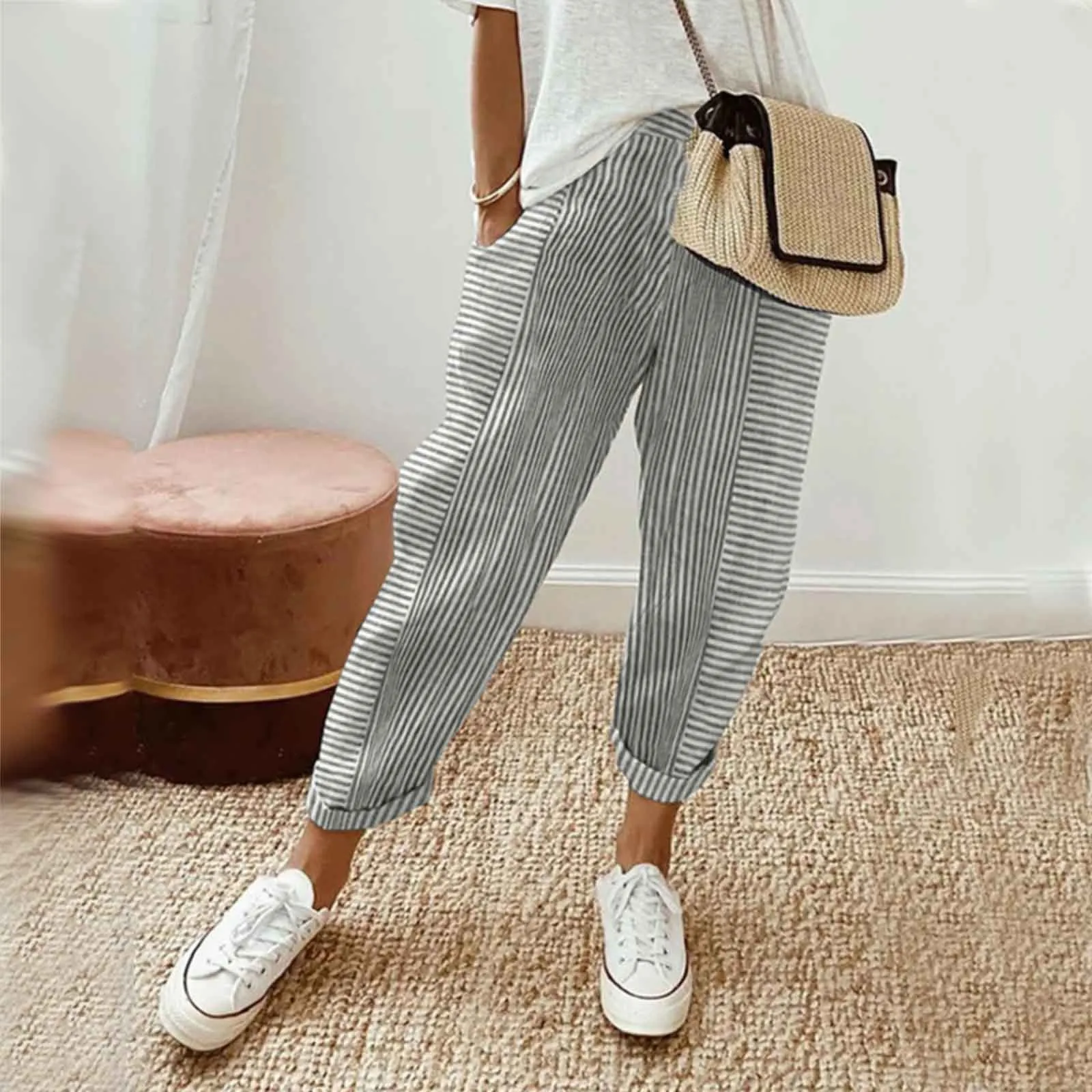 

Flattering Leg Shape Trousers Stylish Women's Wide Leg Striped Print Harem Pants with Pockets Elegant Drawstring For Office 2024