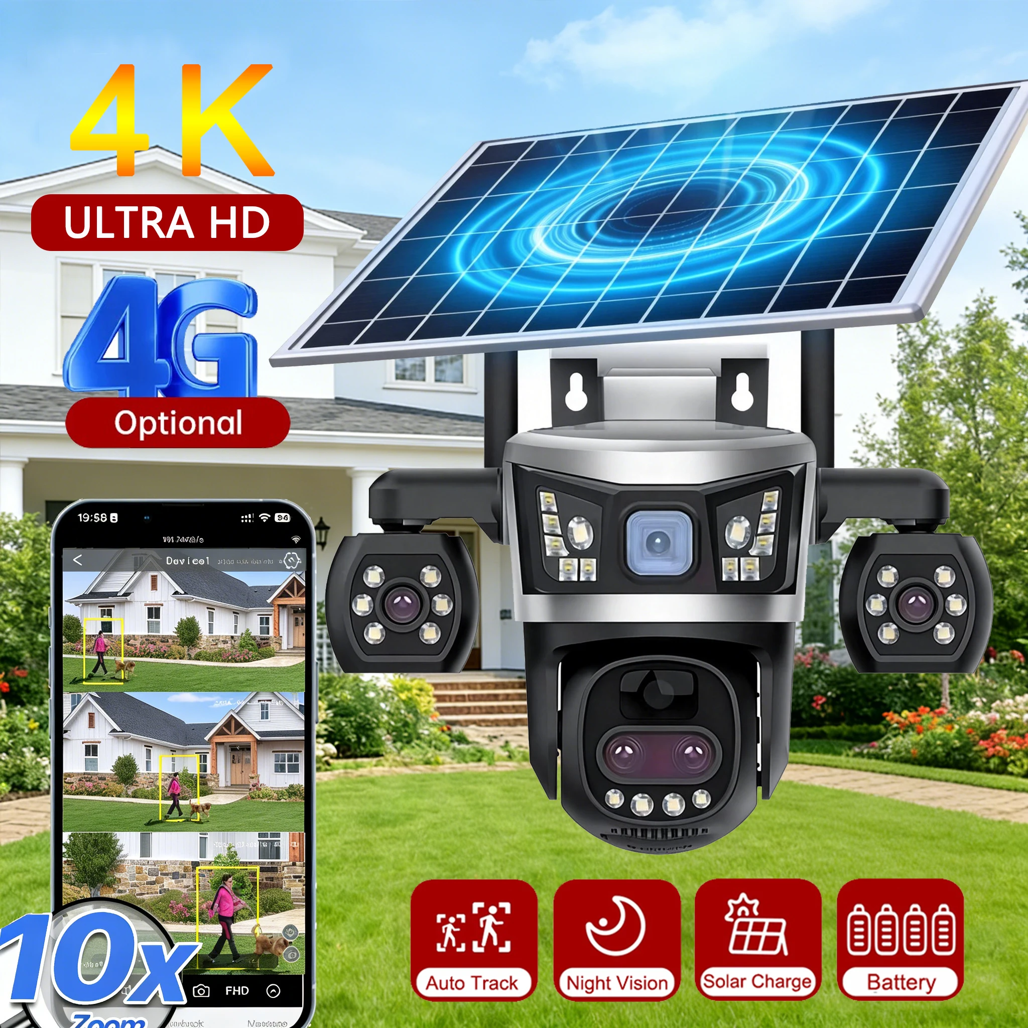 

15 МП 10-кратный оптический зум, тройной экран, 4G IP-камера, беспроводная уличная PTZ-камера с 3 объективами и автоматическим отслеживанием человека