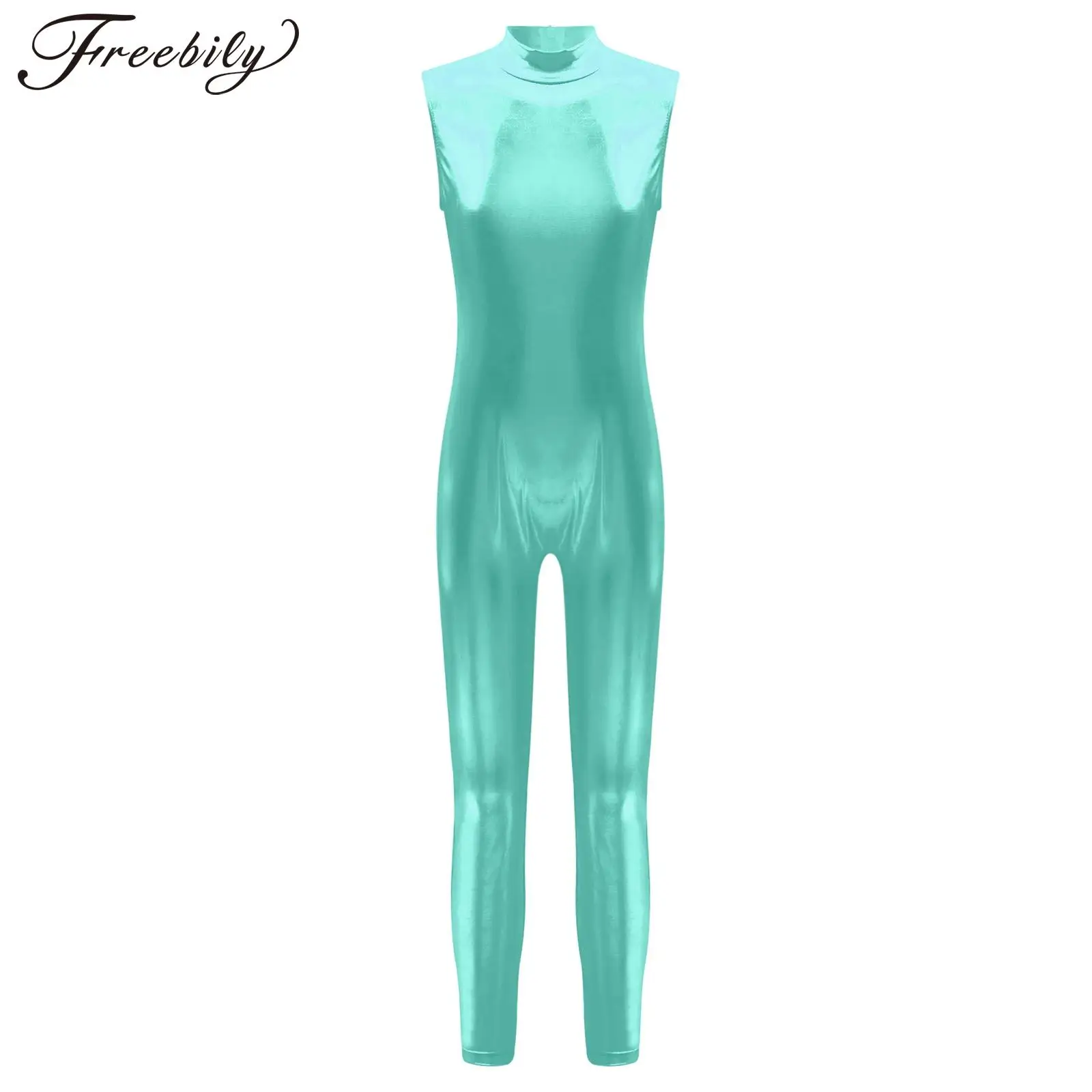 

Kids Girls Shiny Metallic Full Body Jumpsuits Mock Neck Sleeveless Bodysuit Teens Gymnastics Leotard Jazz Performance Costume