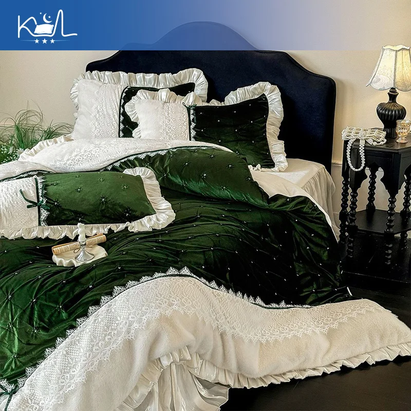French Retro Golden Mink Velvet 4 Piece Bedding Set, Milk Fiber Duvet Cover, Warm Winter Bed Sheet