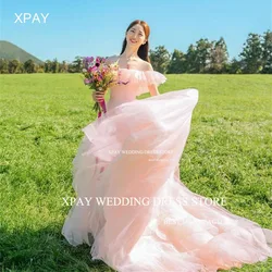 XPAY Sweet Pink Korea Evening Dress Off Shoulder Lady Short Sleeves Princess Evening Gowns Photo Shoot Formal Prom Party Dress