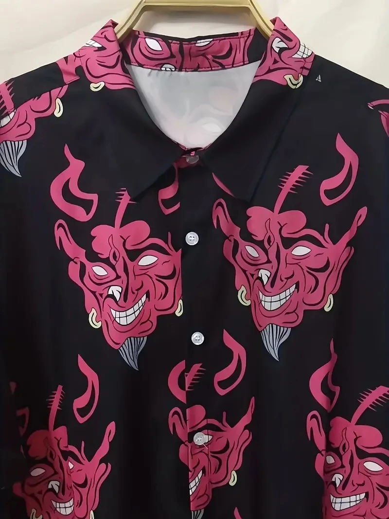 Camisa de manga corta con botones para hombre y mujer, camisa Unisex con estampado de demonio gótico Y2k, ropa de calle de hip hop para verano