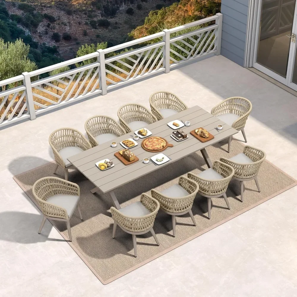 11 Pieces Outdoor Garden Set, All-Weather PE Rattan Outdoor Furniture Set W/All Aluminum Frame Rectangular Table and Chairs Set