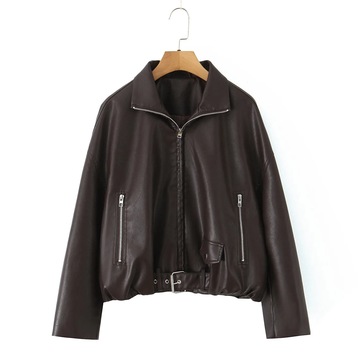 Women PU Leather Coat Zipper Design Style Spring Autumn New Black Short Classic American Motorcycle Leather Jacket with Belt