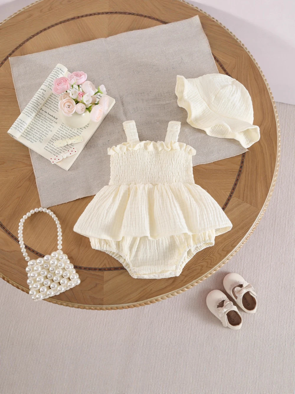 2026 Summer Baby Bodysuit 3-18M Korean Thin Sweet Toddler Clothes Solid Color Infant Girls Cotton Jumpsuit +Hat