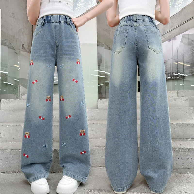 autumn teen girls jeans junior kids Bear Embroidered Cowboy Wide Leg Pants youngster Children cartoon trousers 4 6 8 10 12 14
