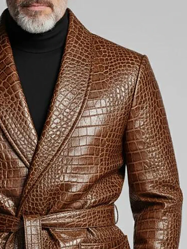 Men Elegant Brown Crocodile PU Leather Blazer Shawl Lapel Long Sleeve Pocket With Belt Business Casual Male Fashion Suit Jacket