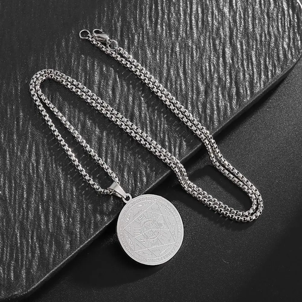 Stainless Steel Seven Archangels Round Pendant Vintage Rune Seal of Solomon Glass Nordic Style Protection Jewelry